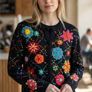 Vintage Berek Womens Med Floral Button Front Black Cardigan Sequins Embellished